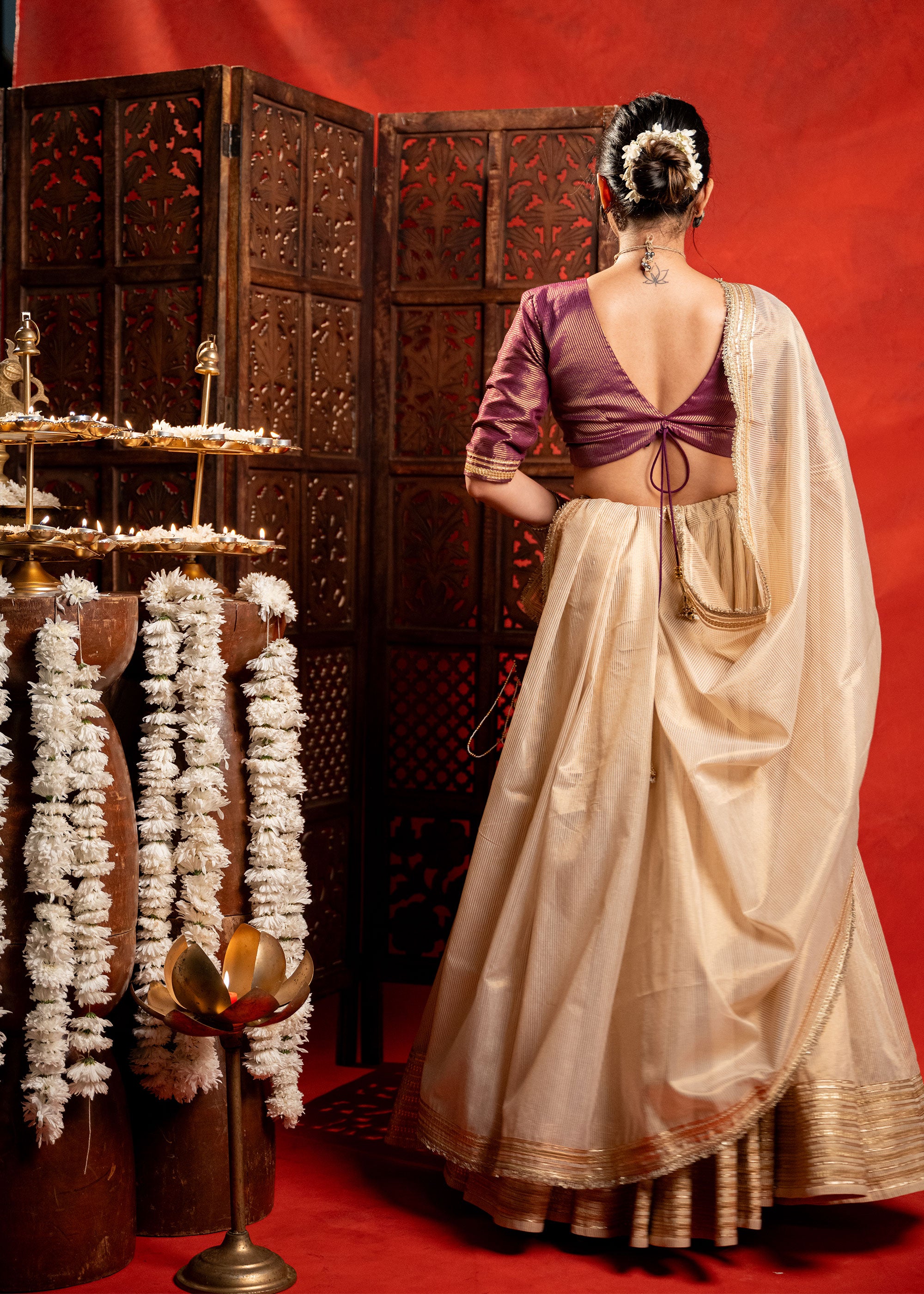 Gold Chanderi strip Chaniya Choli set