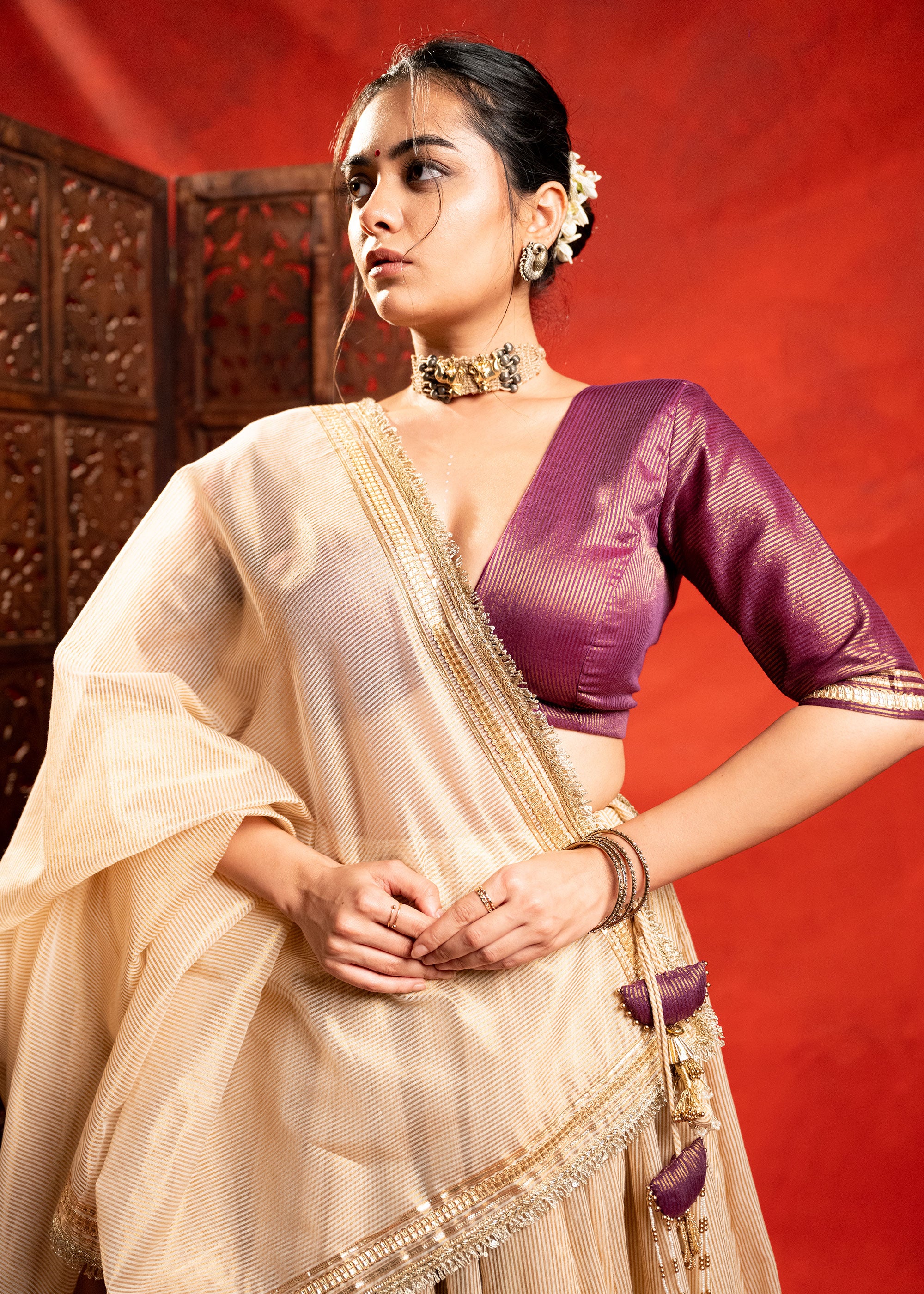 Gold Chanderi strip Chaniya Choli set