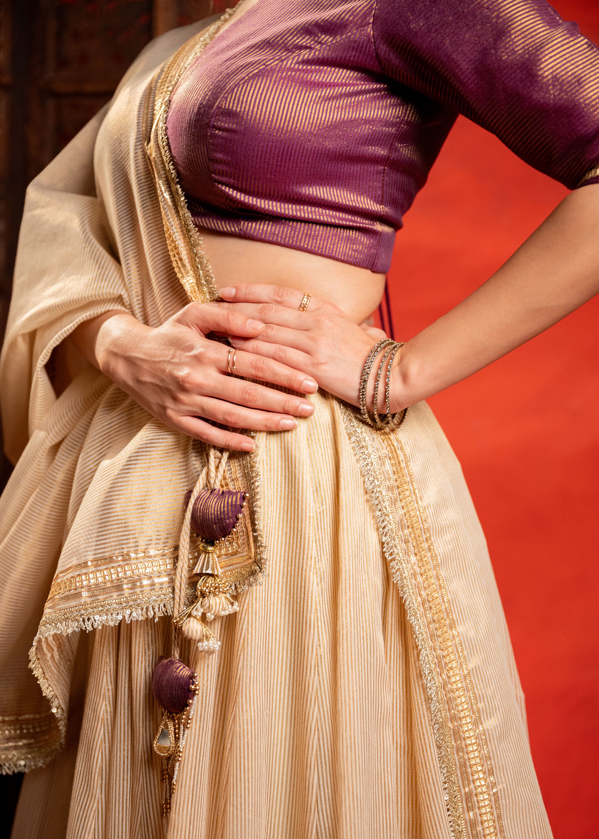 Gold Chanderi strip Chaniya Choli set