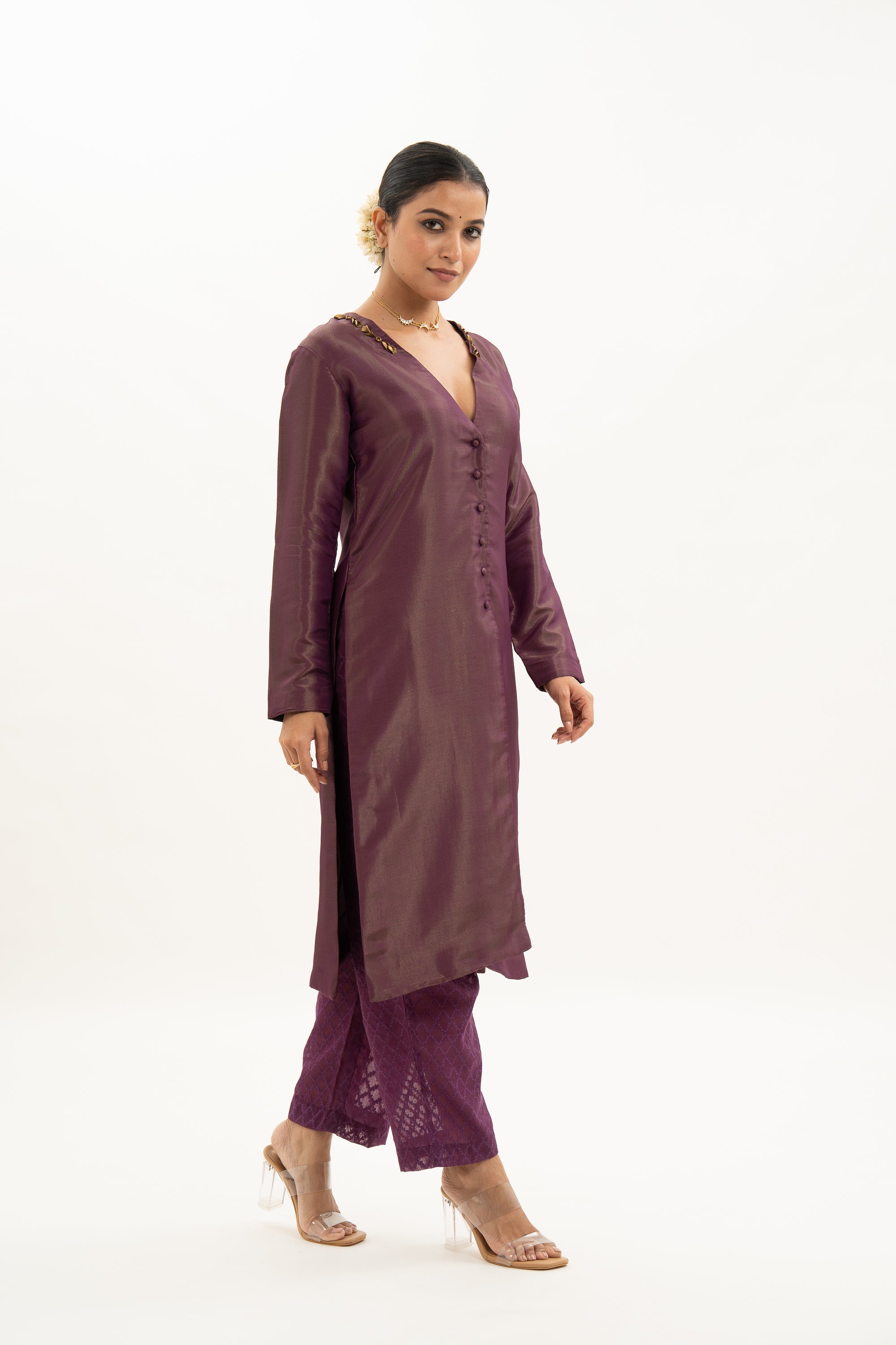 Miorah Zari Tissue Button-Up Top & Pyjama Co-Ord Set