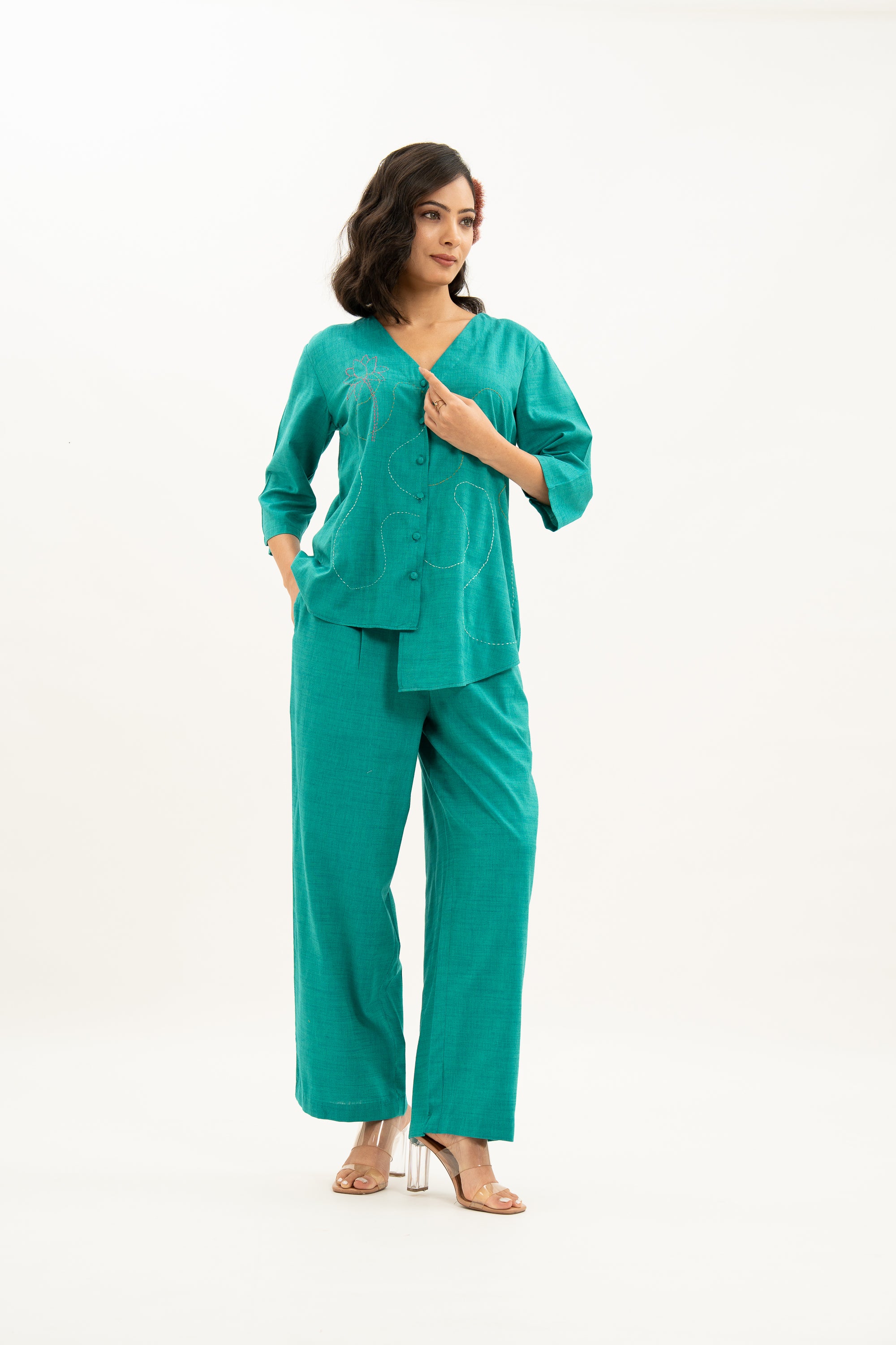Kamal Talai High Low Button Up Shirt & Relax Fit Pant Co-Ord Set