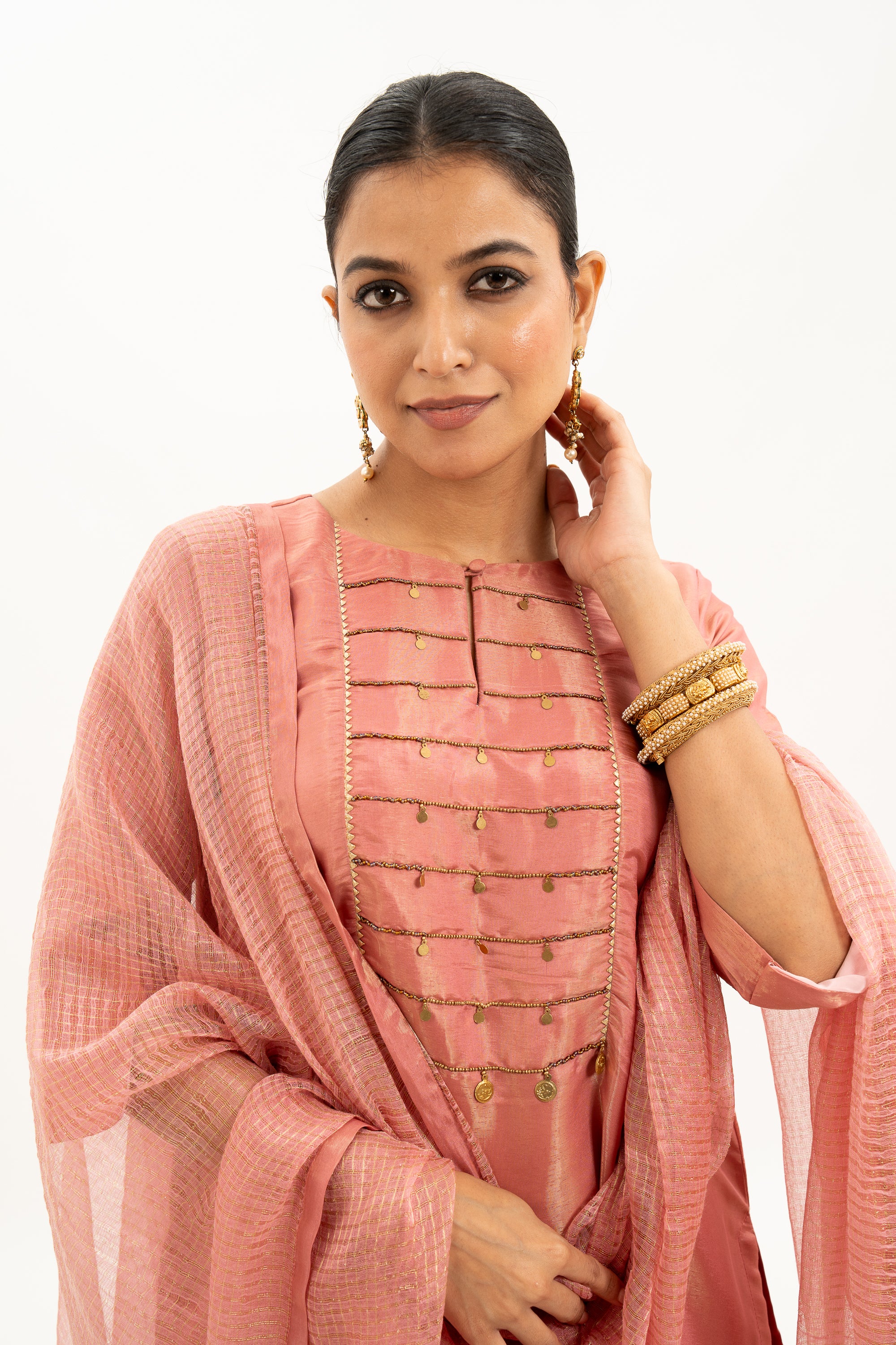 Miorah Blush Pink Zari Tissue Traditional Kurta Set
