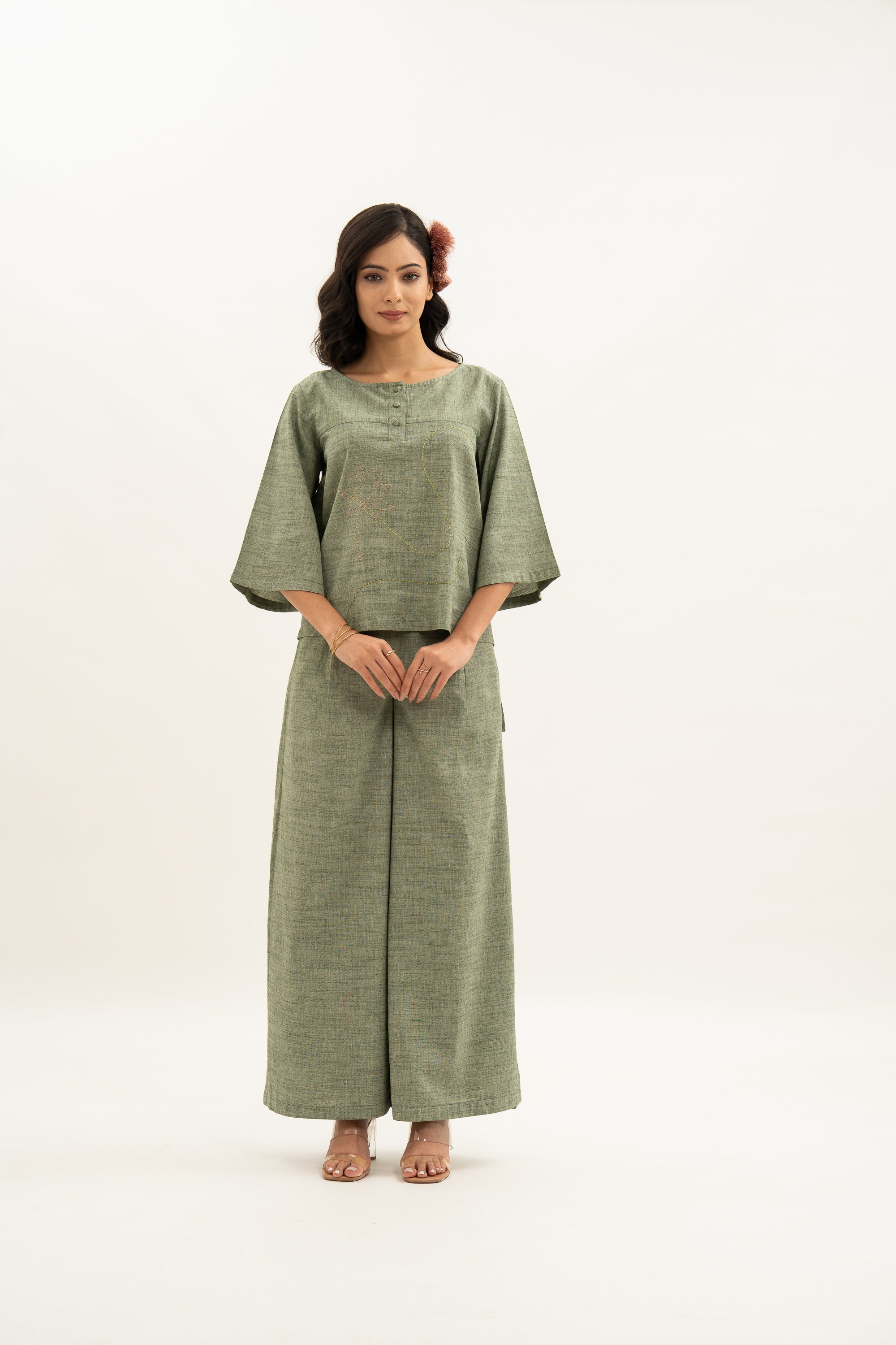 Kamal Talai Round Neck High Low Cut Top With Wide Leg Pant Co-Ord Set