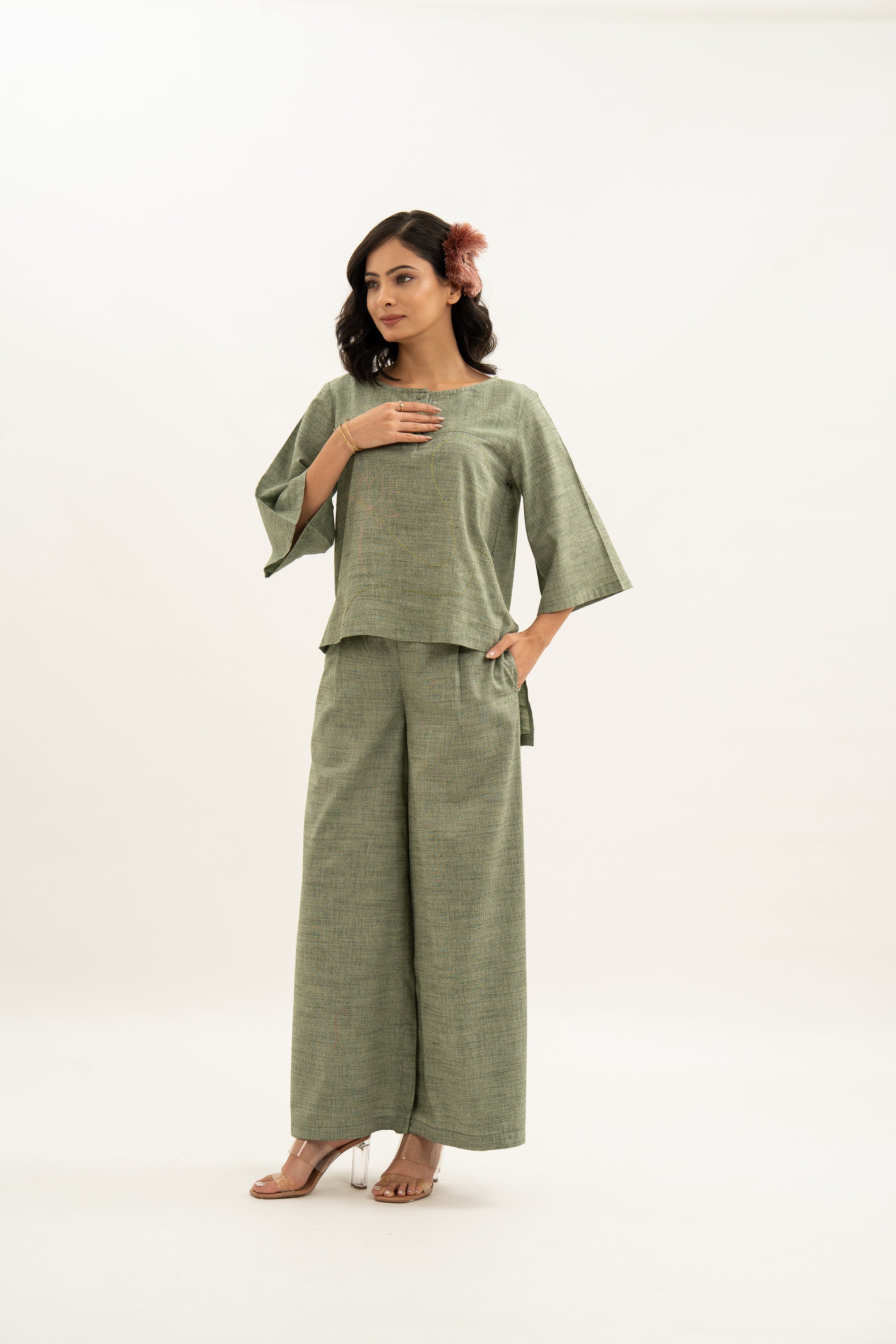 Kamal Talai Round Neck High Low Cut Top With Wide Leg Pant Co-Ord Set