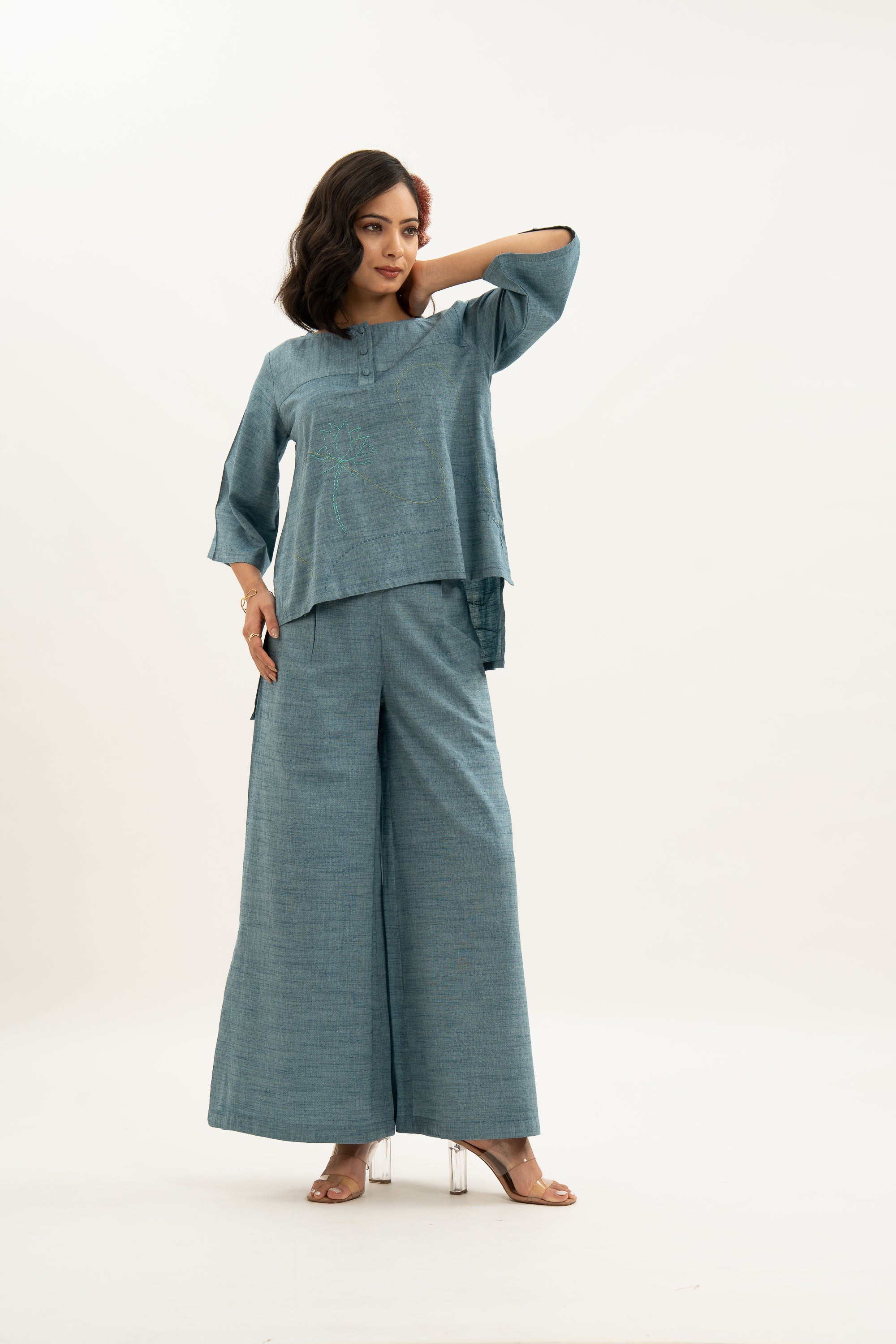 Kamal Talai Round Neck High Low Cut Top With Wide Leg Pant Co-Ord Set
