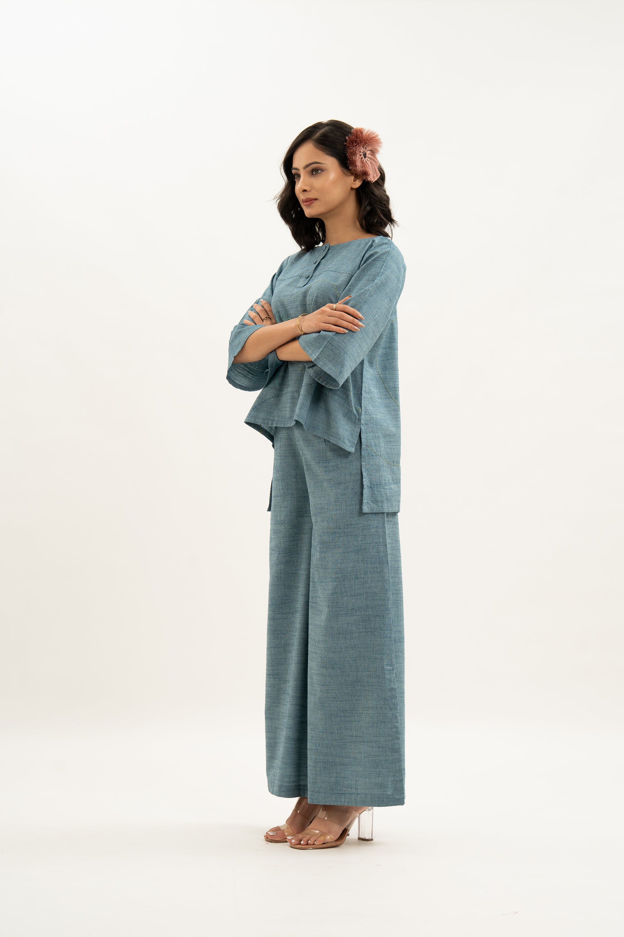 Kamal Talai Round Neck High Low Cut Top With Wide Leg Pant Co-Ord Set