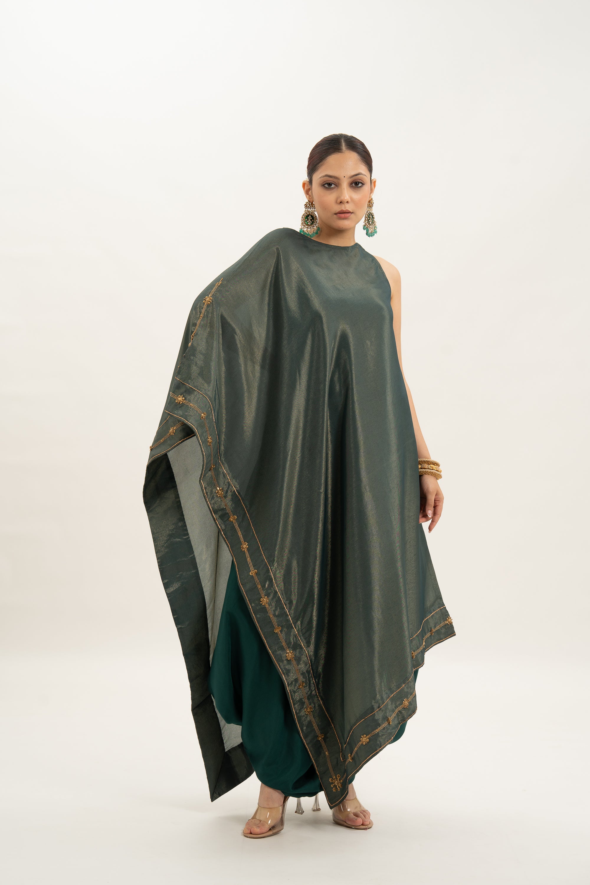 Miorah Asymmetrical Zari Tissue Poncho with Dhoti Co-Ord Set