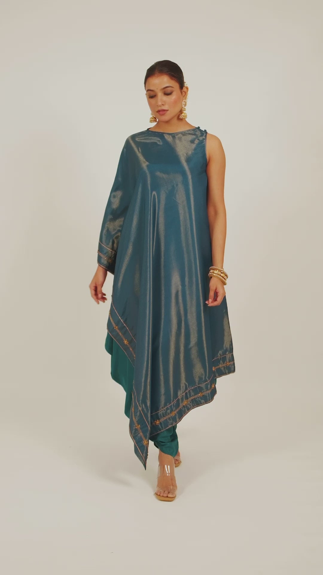 Miorah Asymmetrical Zari Tissue Poncho with Dhoti Co-Ord Set