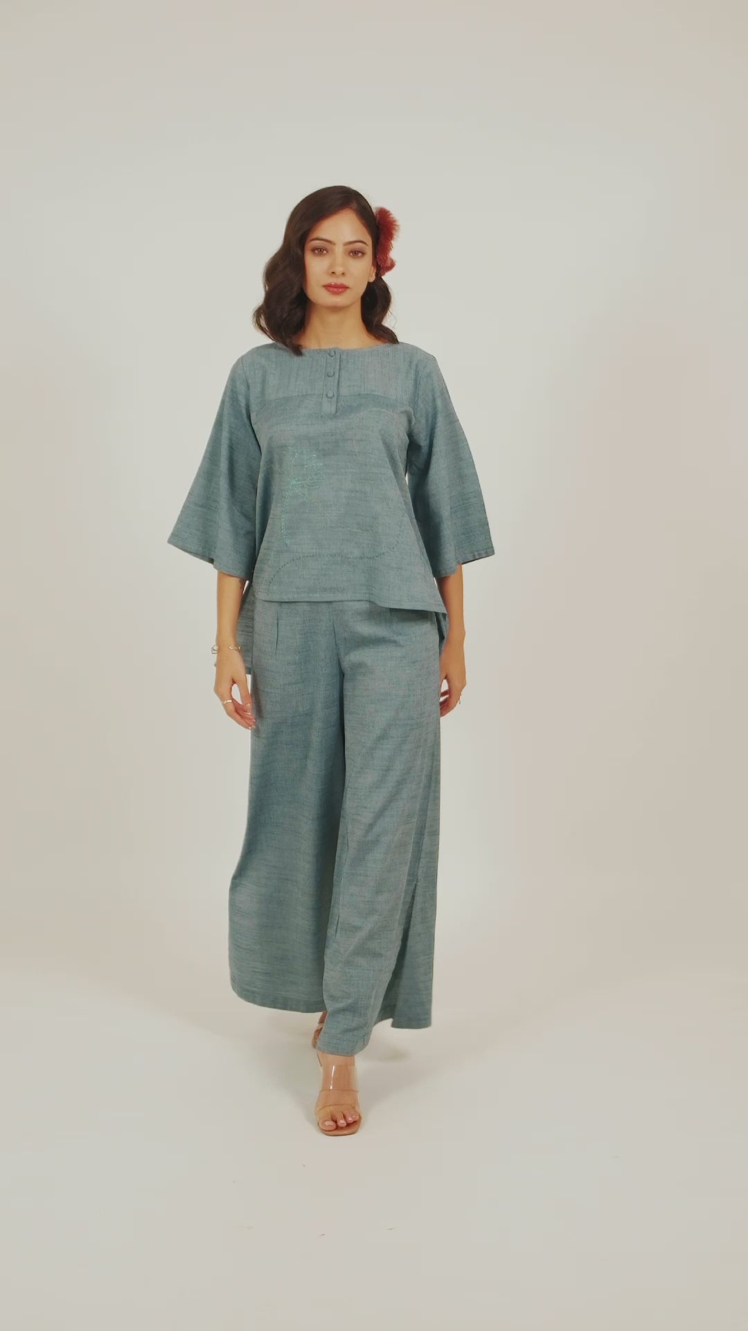 Kamal Talai Round Neck High Low Cut Top With Wide Leg Pant Co-Ord Set