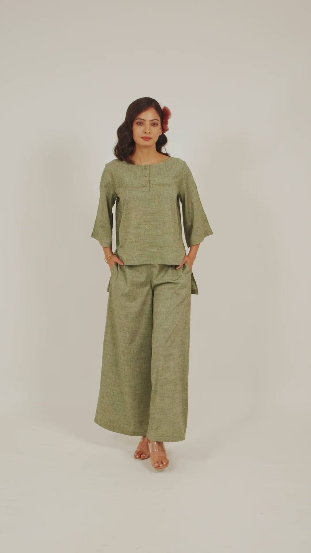 Kamal Talai Round Neck High Low Cut Top With Wide Leg Pant Co-Ord Set
