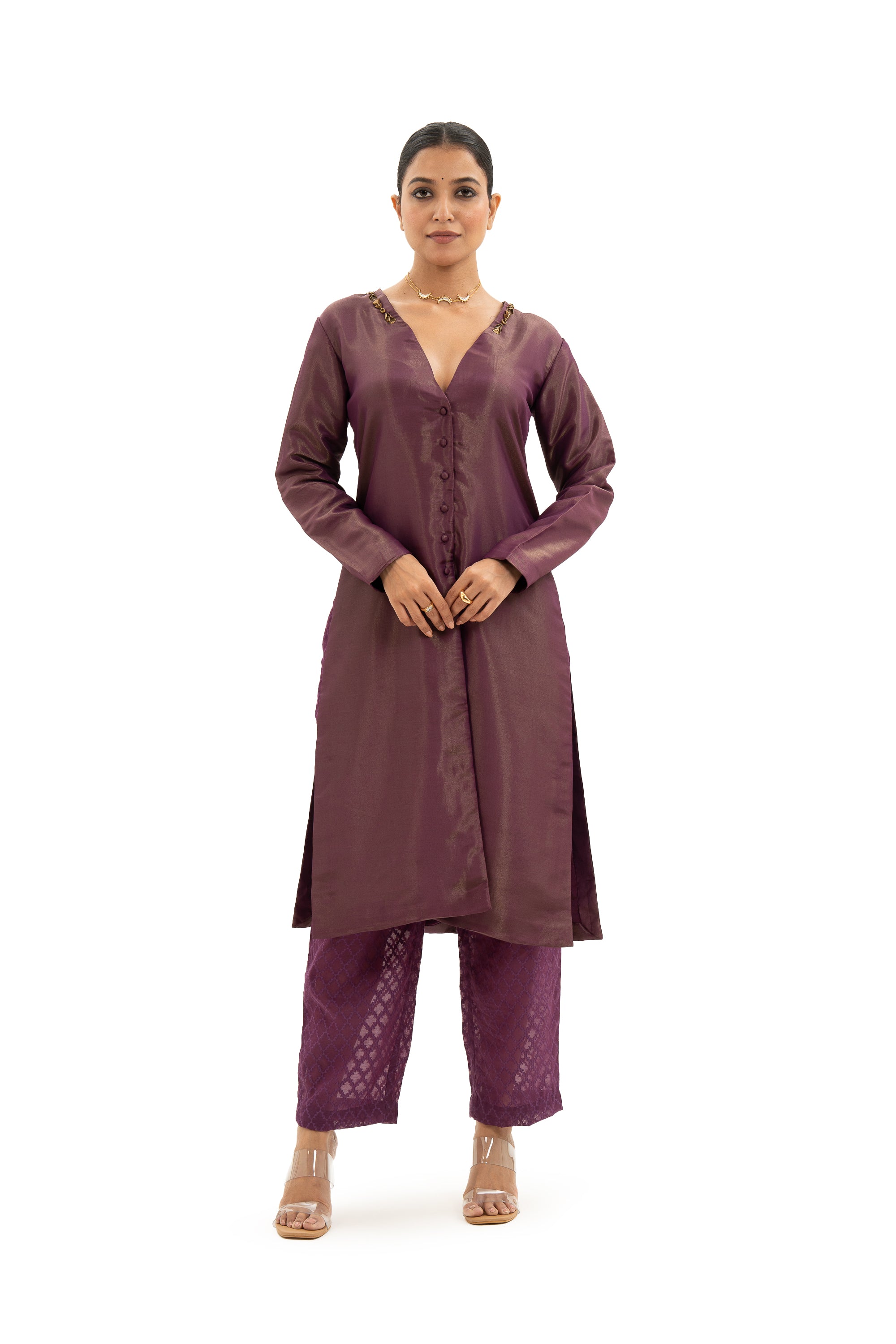 Miorah Zari Tissue Button-Up Top & Pyjama Co-Ord Set